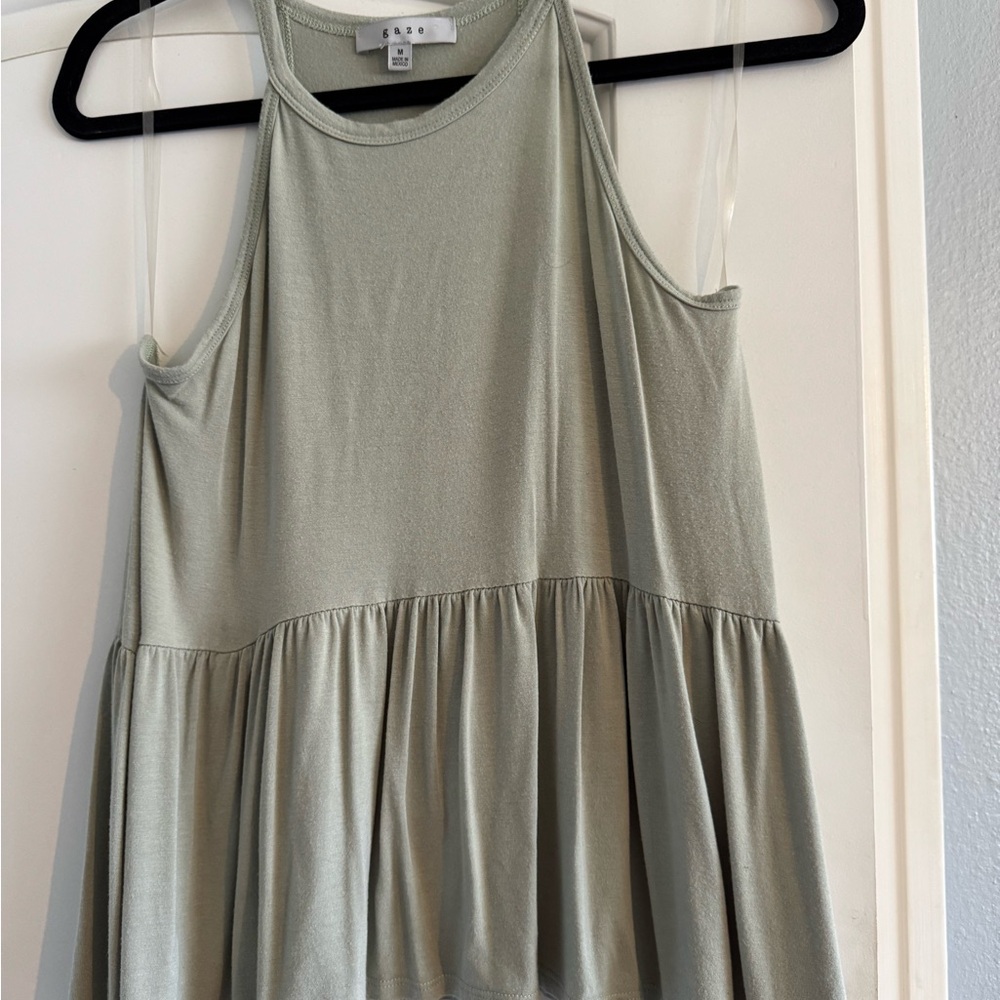 GAZE light  Sage Green Tank Top with ruffle hem size M SPAGETTI straps. Super